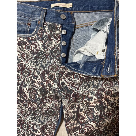 Levi’s Wedgie Straight  Jeans Patched  Paisley Button Fly Womens 26 - Picture 3 of 10